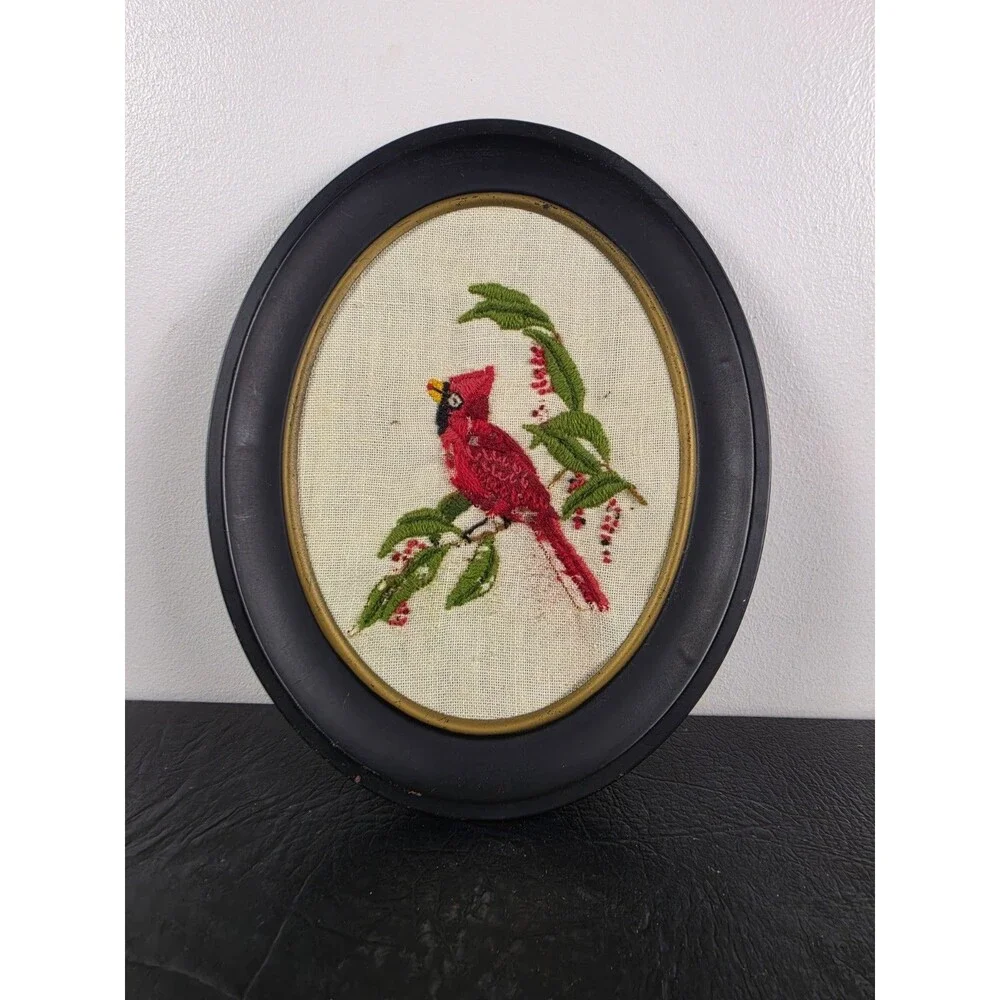 Vintage Red Cardinal Bird Mid Century Embroidery Handmade Hand Stitched Wall Art